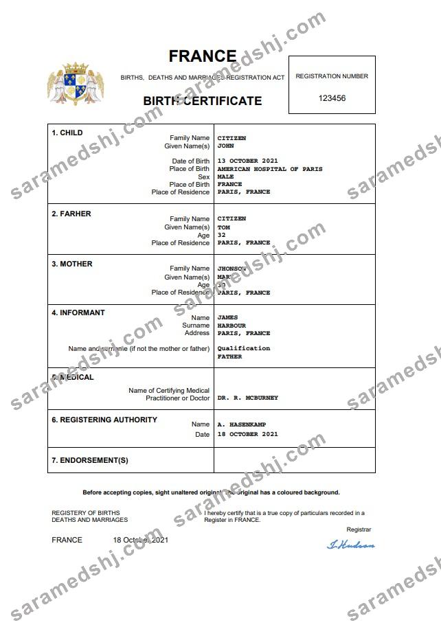 France birth certificate Word and PDF template